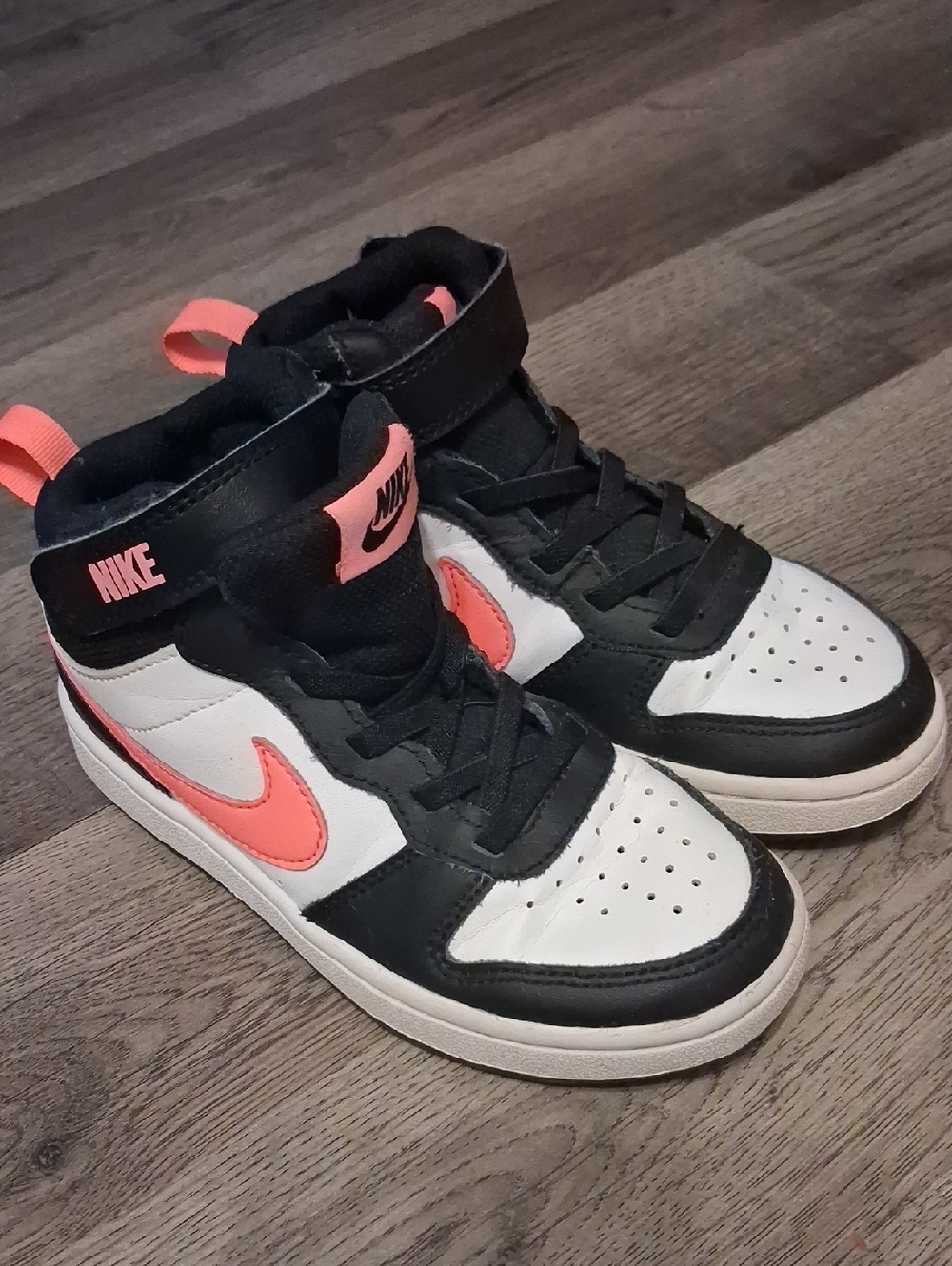 Nike Kids High-Top Sneakers in Black, White & Coral Pink